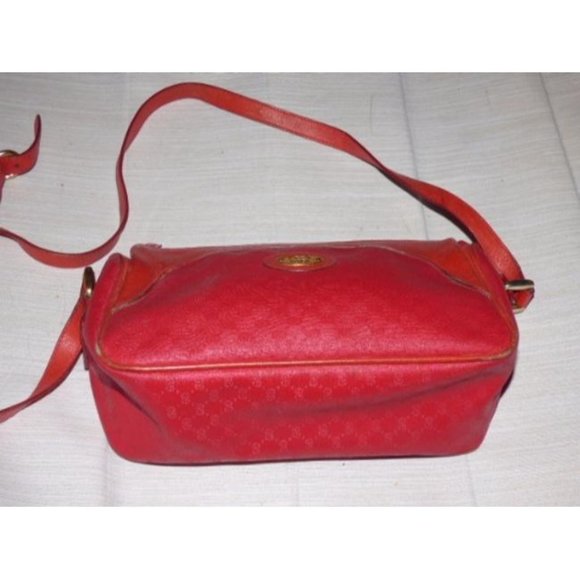 Gucci Vintage Red Leather Shoulder Bag Small G Logo Coated Canvas Print - Picture 4 of 5